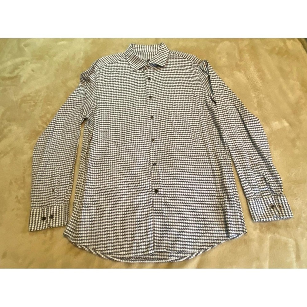 Tasso Elba Shirt Men Large Long Sleeve Button Black White Houndstooth s37